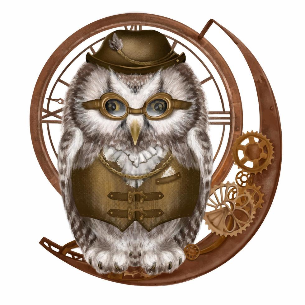 Cute watercolor owl in a steampunk style business suit on a transparent background. Watercolor drawing made by hand. vector