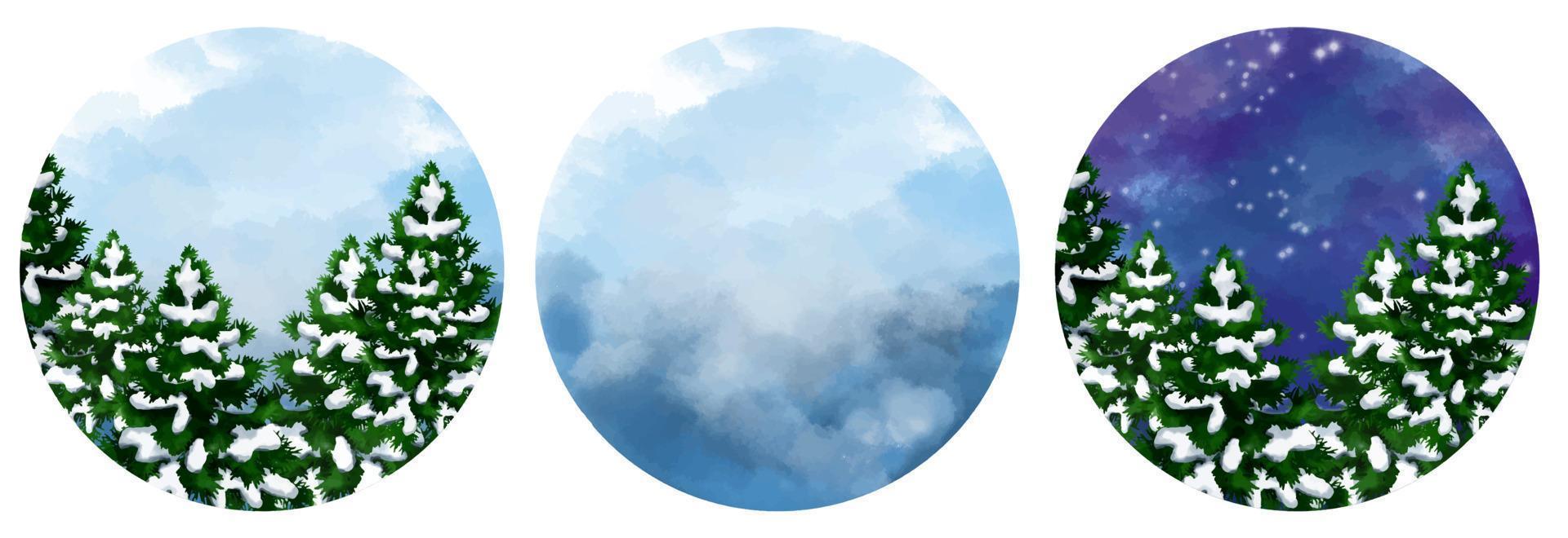 A set of round Christmas backgrounds. Handmade watercolor drawing. For snowy Christmas trees on the background of the sky. vector