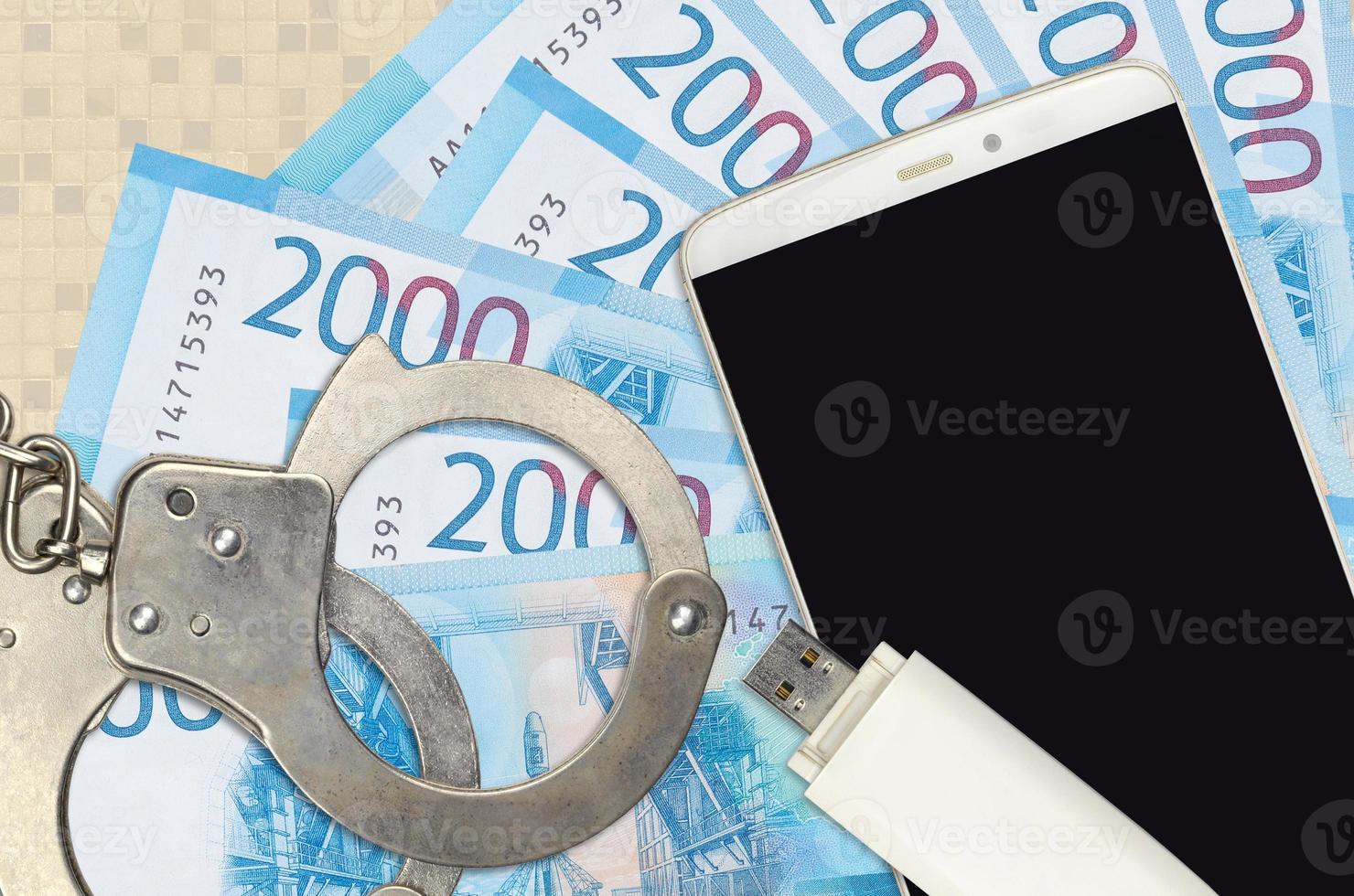 2000 russian rubles bills and smartphone with police handcuffs. Concept of hackers phishing attacks, illegal scam or malware soft distribution photo