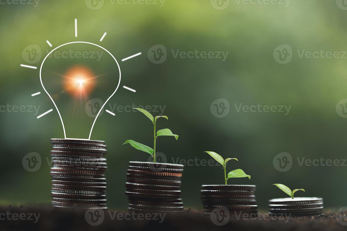 alternative energy, Renewable Energy, saving energy and finance, energy stock investment, tree growing up on stack coin and lightbulb on coin. electricity energy source for eco environment. photo
