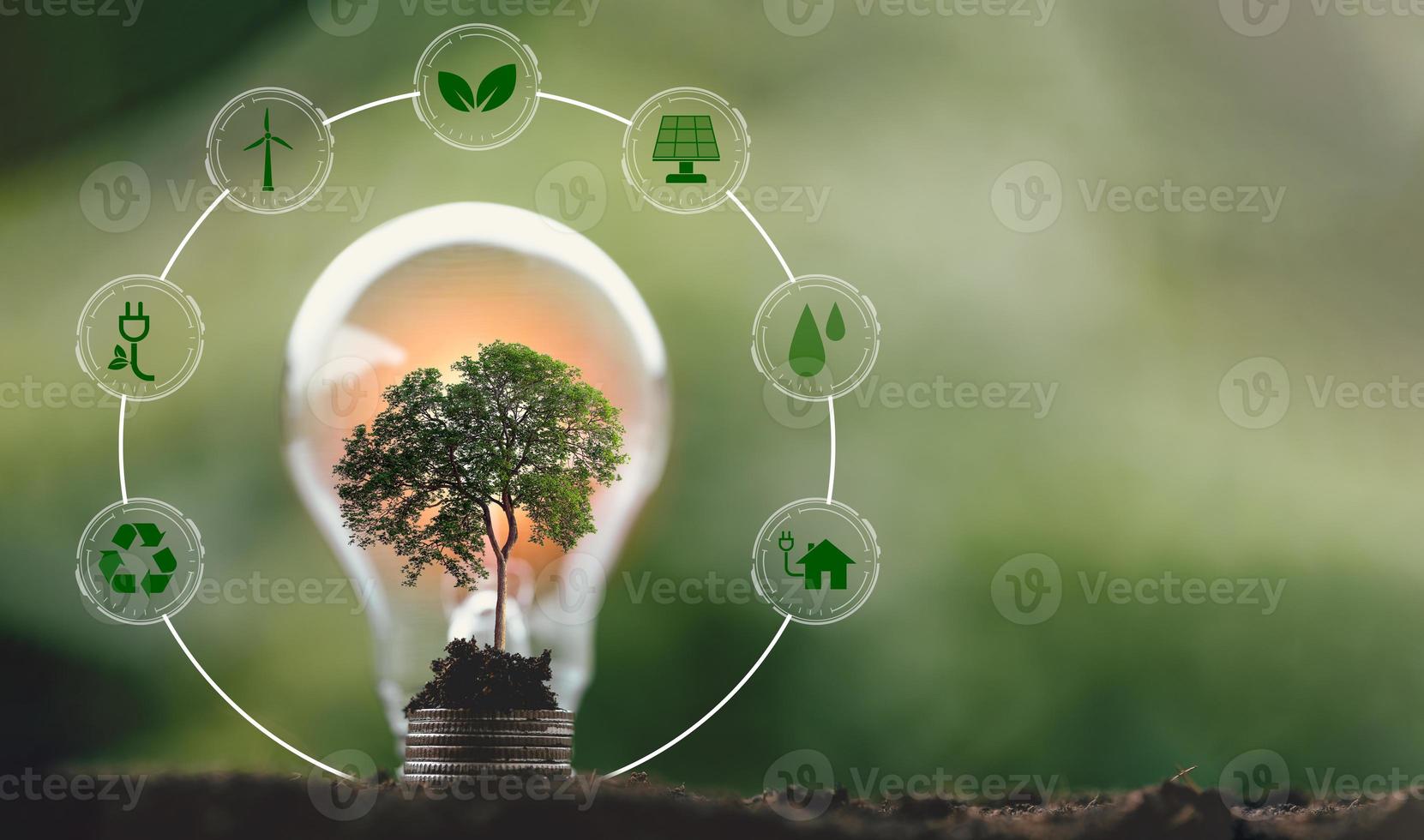 alternative energy, Renewable Energy, saving energy and finance, energy stock investment, lightbulb on coin with eco environment icon. electricity energy source for eco environment. photo