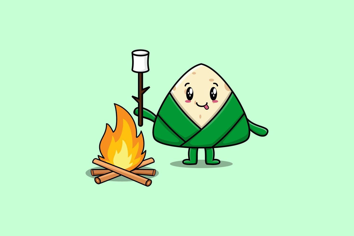 cartoon Chinese rice dumpling burning marshmallow vector