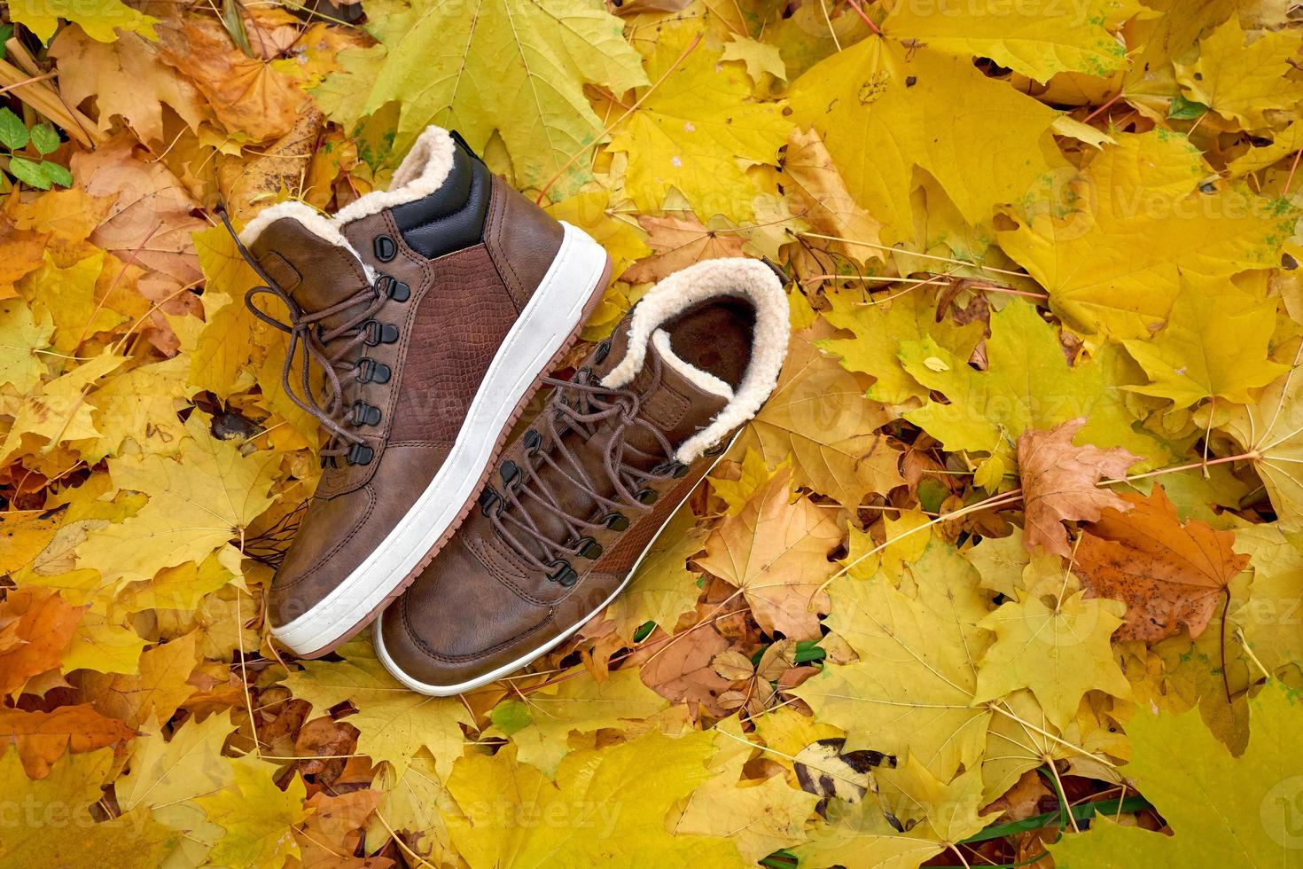 Top view of warm men's boots, stylish winter shoes. photo