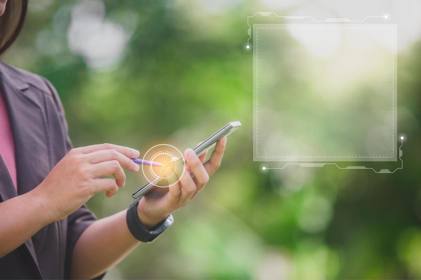 business woman touch BUSINESS PLAN technology text on visual screen, business graf investment photo