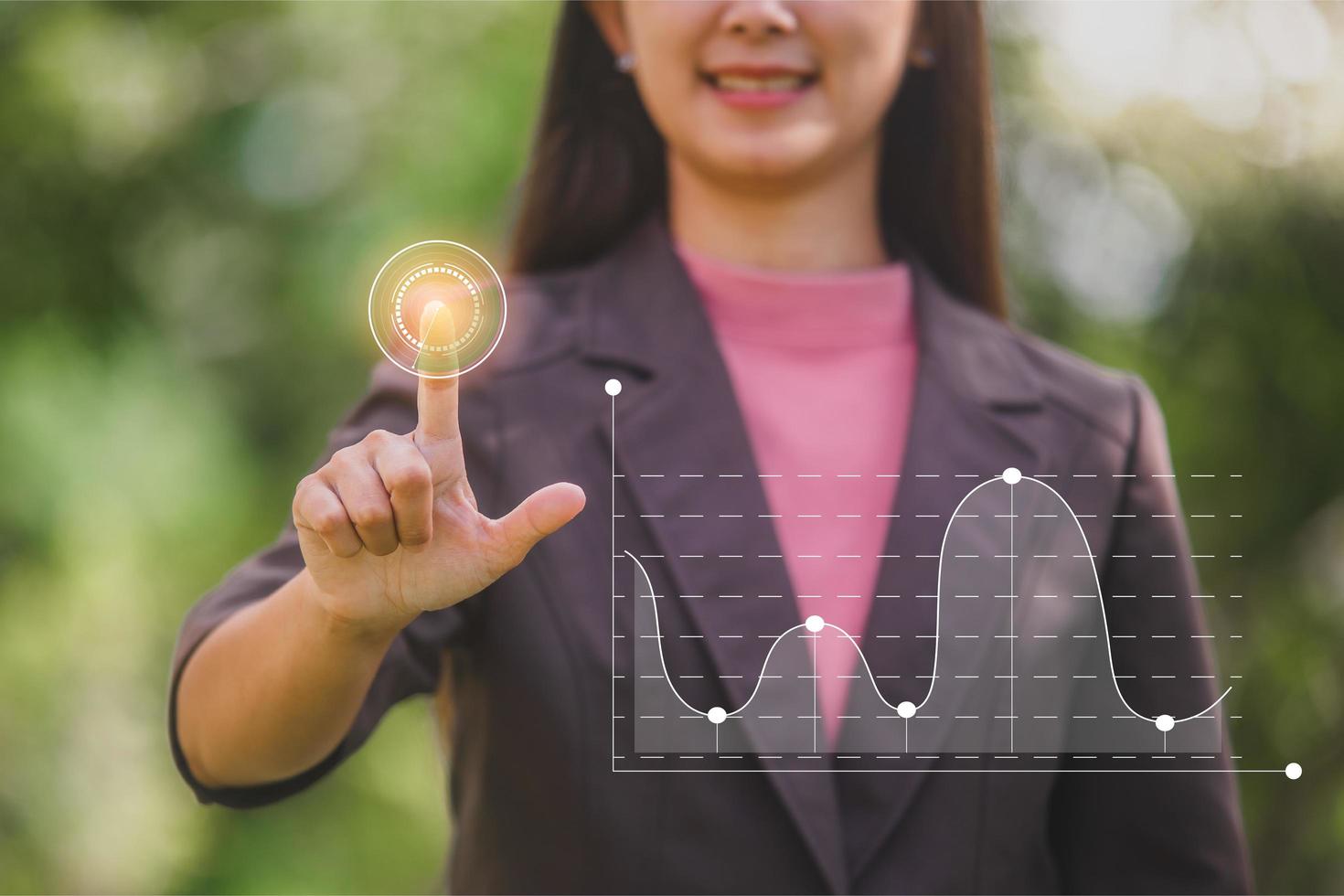 business woman touch BUSINESS PLAN technology text on visual screen, business graf investment photo