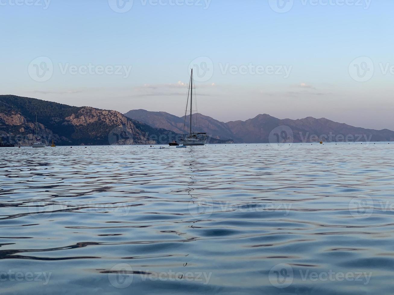 Aegean sea. Green mountains. Mediterranean sea landscape. photo