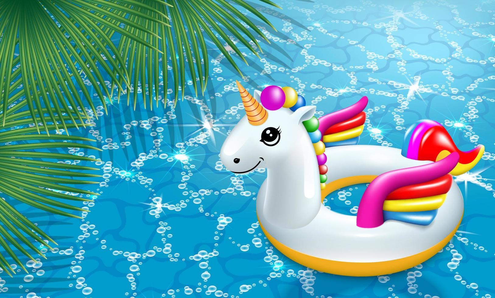 Inflatable circle unicorn. Summer holiday banner by the water in the pool. Palm leaves with shadow. Realistic 3D illustration. Vector. vector