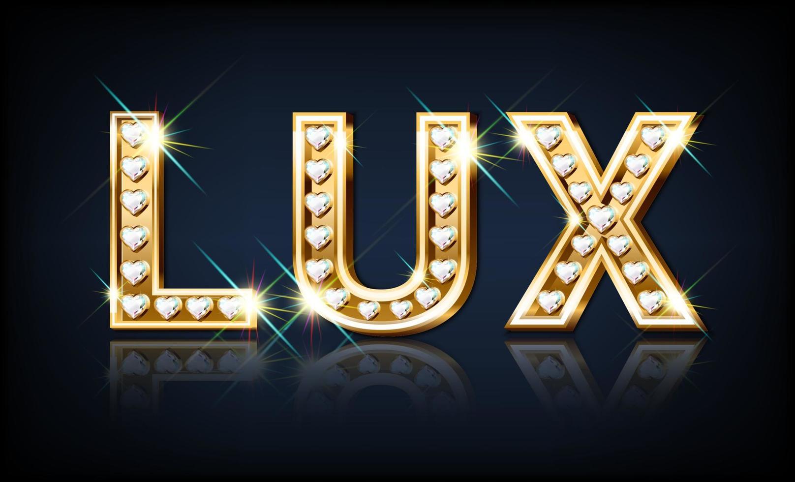 Word LUX is golden with diamonds in the shape of a heart. Jewelry font. 3D realistic style vector illustration.