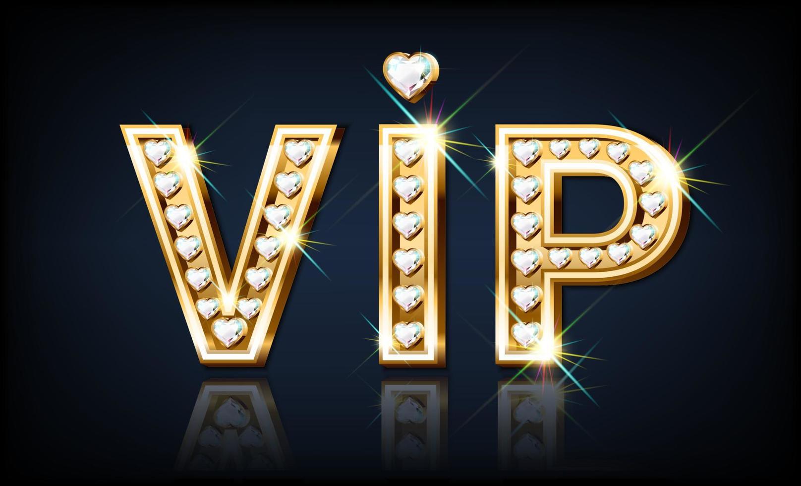 Word VIP is golden with diamonds in the shape of a heart. Jewelry font. 3D realistic style vector illustration.