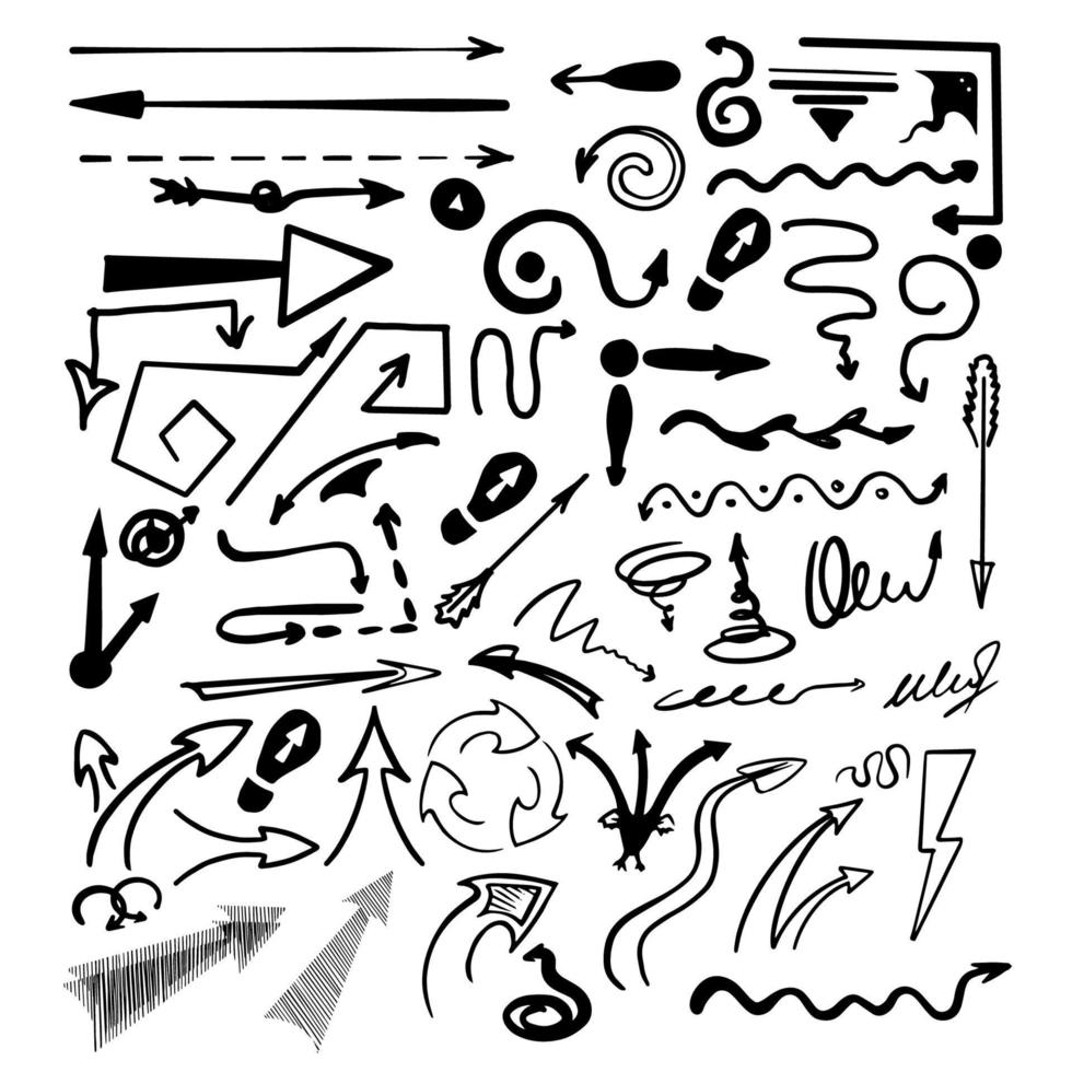 Set of arrows, doodle hand drawn with ink. Isolated on white background. Vector