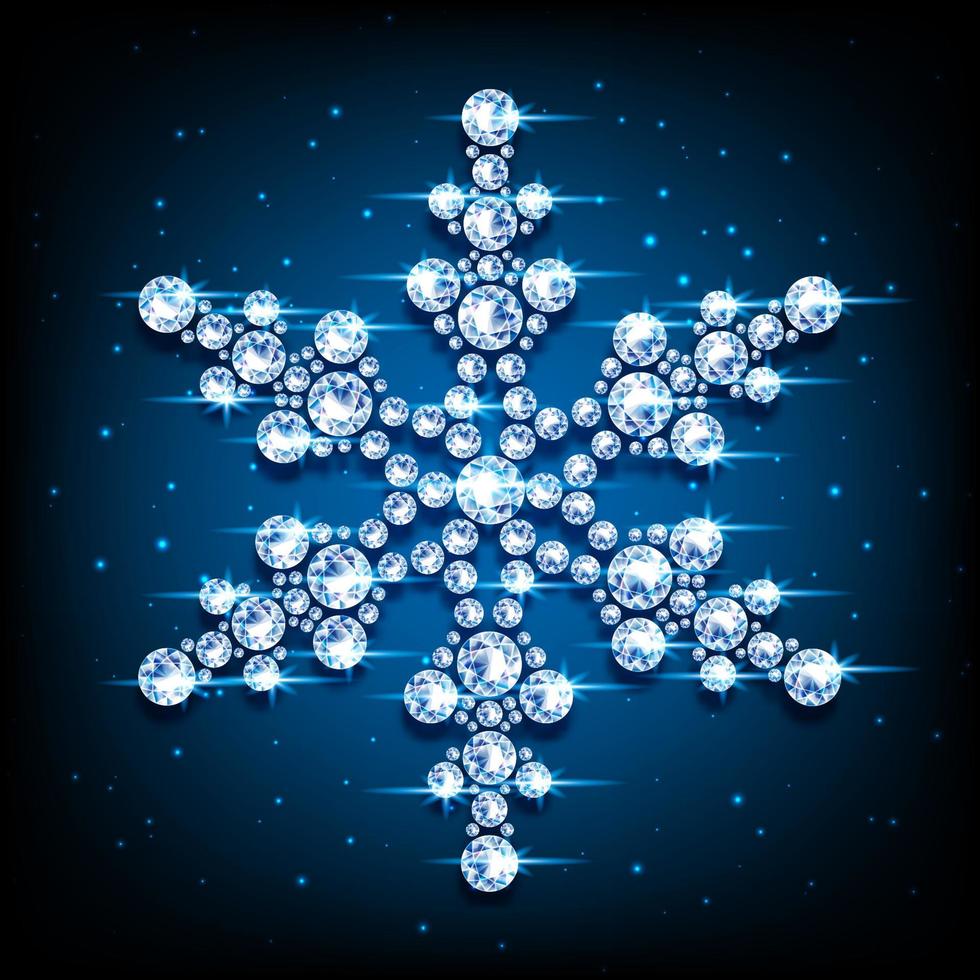 Diamond snowflake. Gemstones in the shape of a flower. Jewelry decoration for Christmas and New Year. 3D realistic neon illustration. On a blue background vector. vector