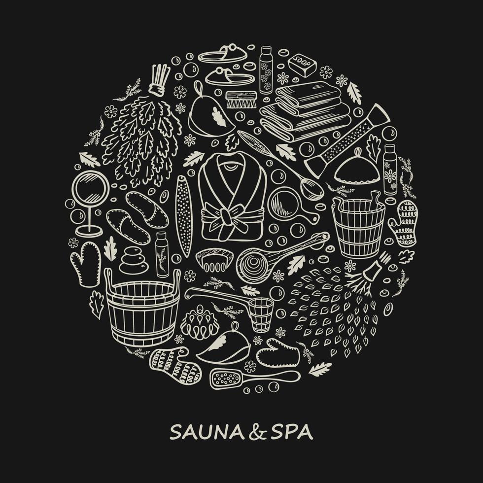Sauna, SPA and bath accessories. Sketch of items in doodle style. Decorated In the shape of a circle with a place for text. On a black background. Vector illustration.