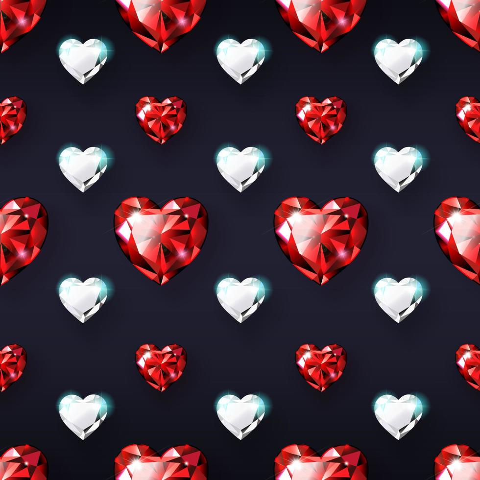 patrón impecable con rubíes rojos y diamantes en forma de corazón. fondo para el día de san valentín, cumpleaños, du de la mujer, aniversario. fondo oscuro para San Valentín, pancartas, tarjetas de felicitación. vector