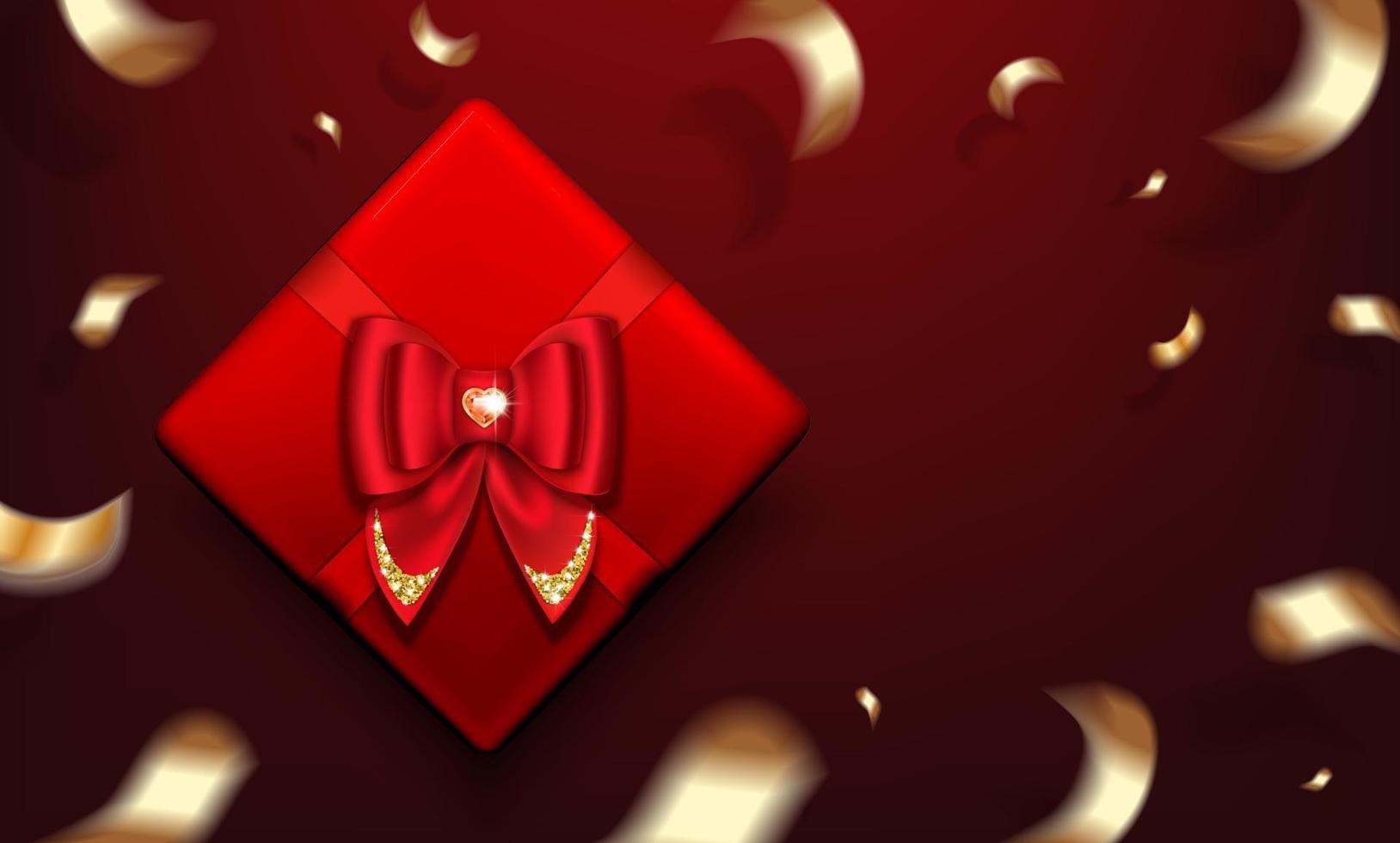 Red gift box with a bow and a ruby heart-shaped gemstone. Golden serpentine. Poster for Valentine s Day, Christmas. Realistic vector illustration.