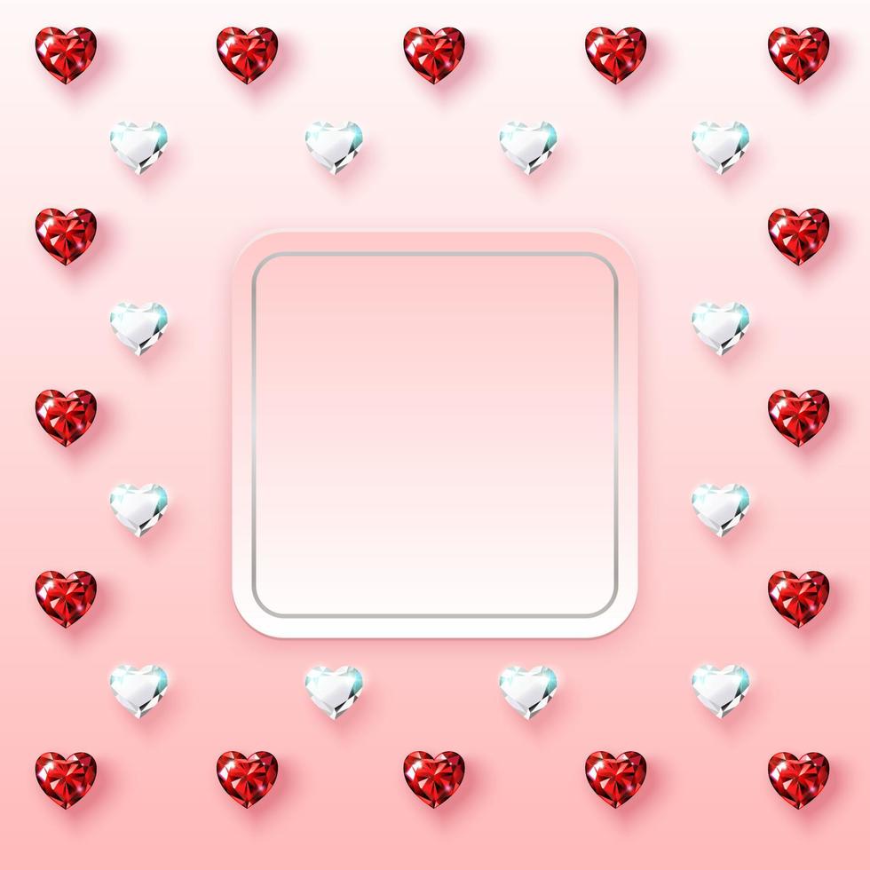 Square poster frame with realistic red rubies and diamonds. Gems in the shape of a heart. Congratulations Valentine s Day, women s day, wedding illustration. White-pink background Vector. vector