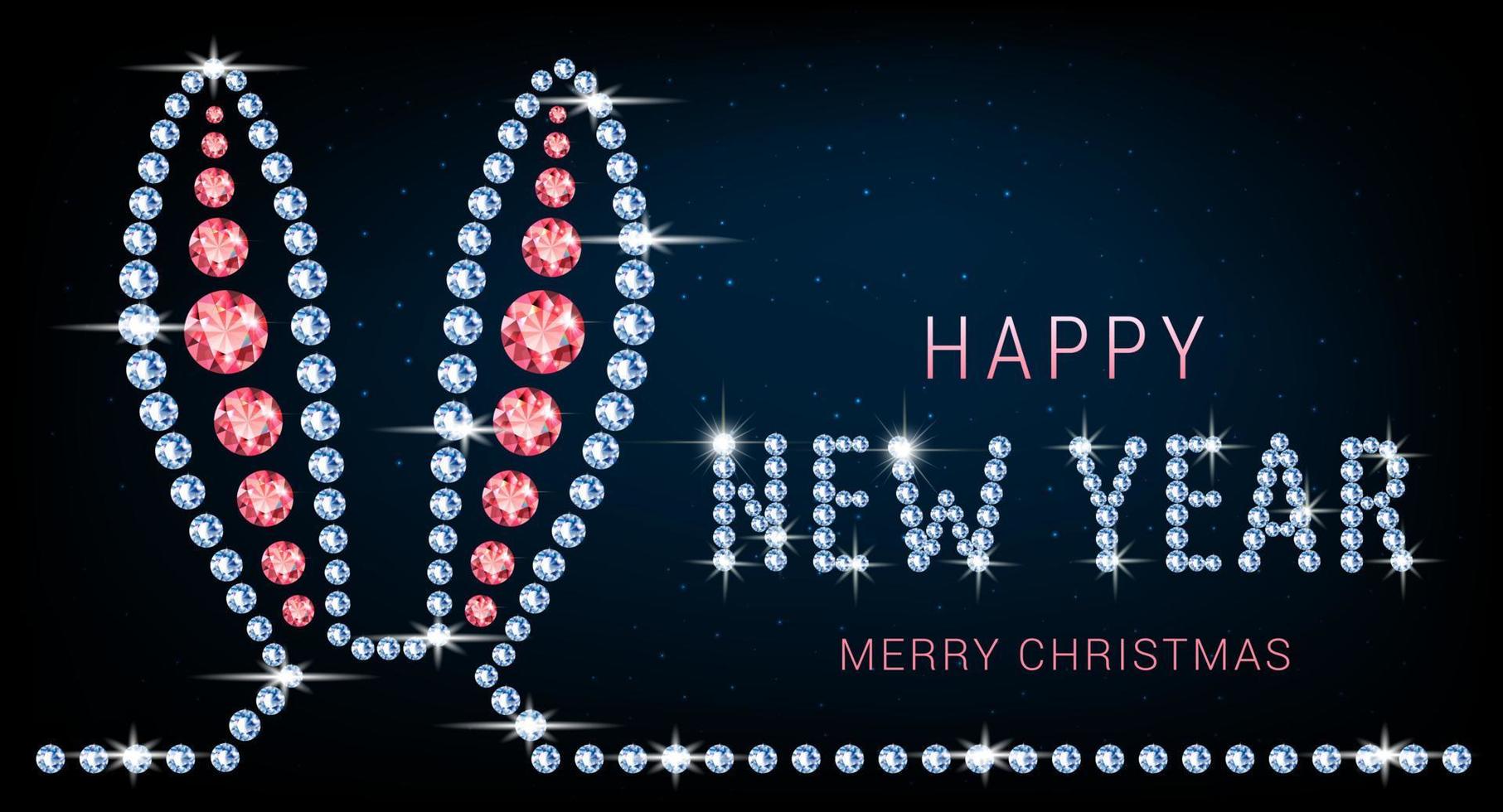 Banner with rabbit ears made of diamonds. Jewelry decorations for Christmas and New Year according to the Chinese calendar. On a neon blue background with bright stars. Vector. vector