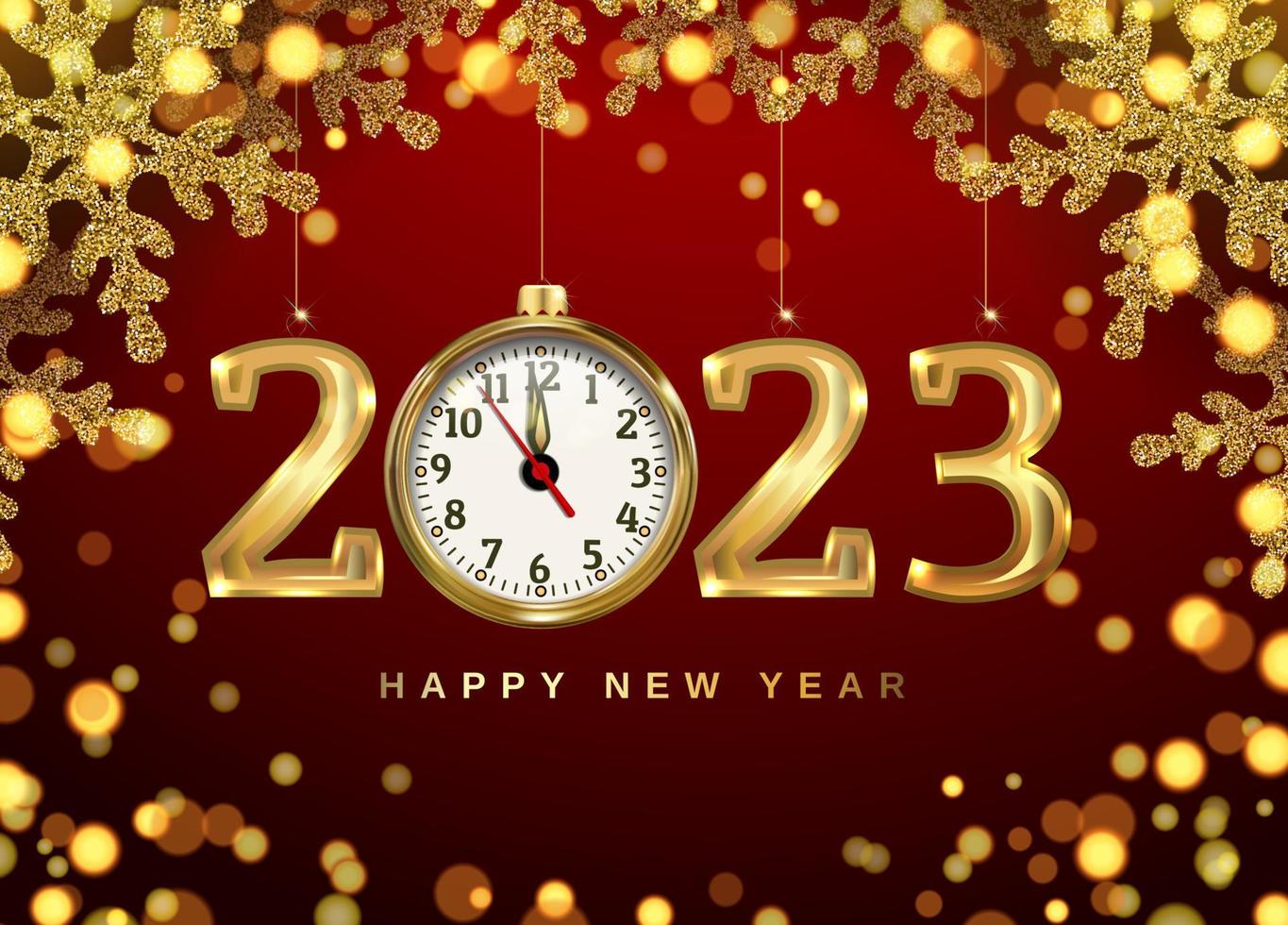 banner de navidad con reloj, copos de nieve y números 2023. brillo dorado y bokeh brillante. Ilustración realista en 3d sobre un fondo negro. vector. vector