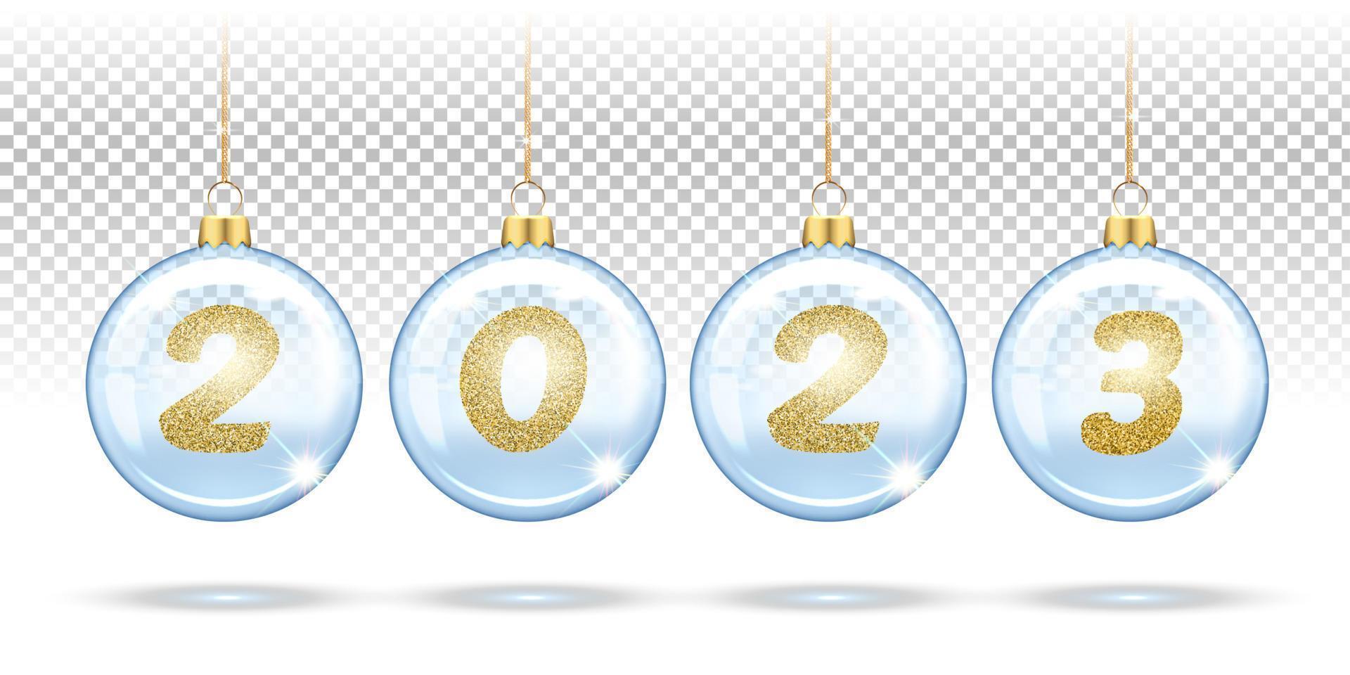 números 2023 de lentejuelas doradas en bolas transparentes de navidad, decoraciones para árboles de navidad. diseño festivo de pancartas, carteles, tarjetas de felicitación para el nuevo año. 3d realista sobre un fondo blanco vector
