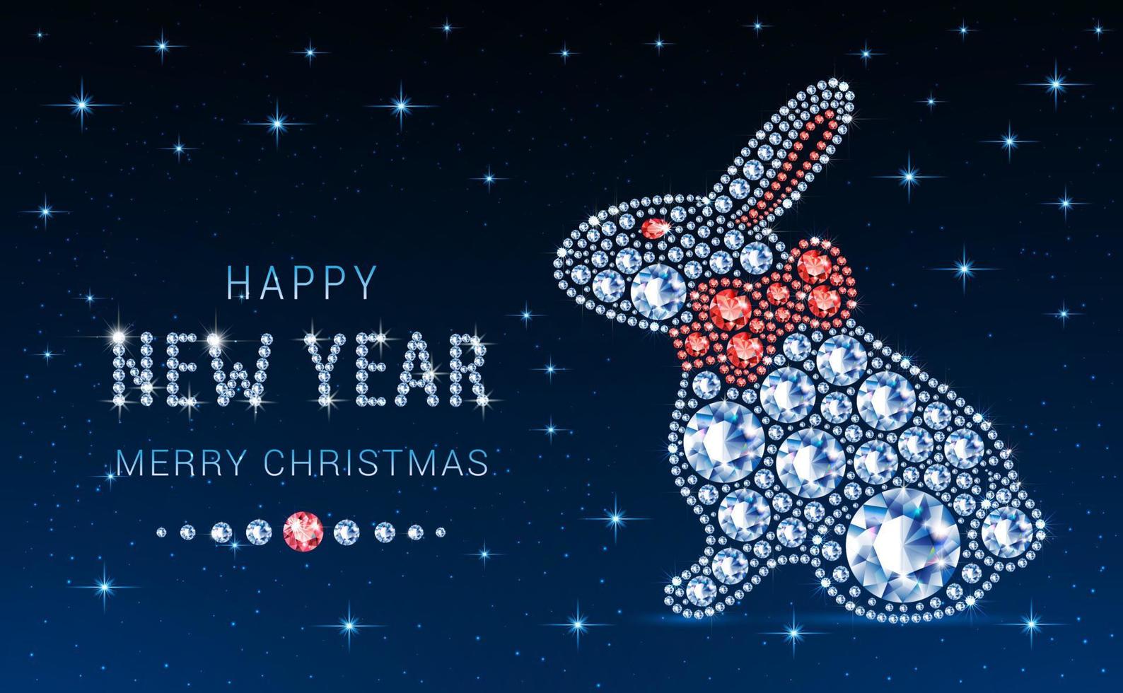 Banner with cute diamond bunny. Jewelry for Christmas and New Year according to the Chinese calendar. Neon blue background with bright stars. Vector