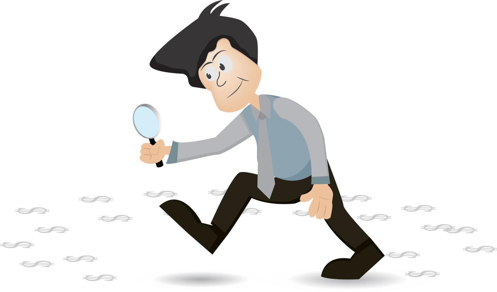 Businessman walking with magnifying glass looking for track of money vector