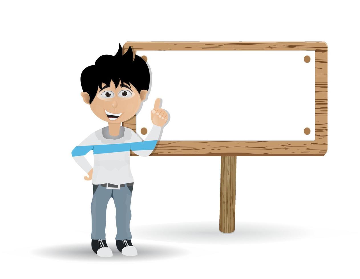 cartoon young boy with idea gesture in front of blank banner sign vector