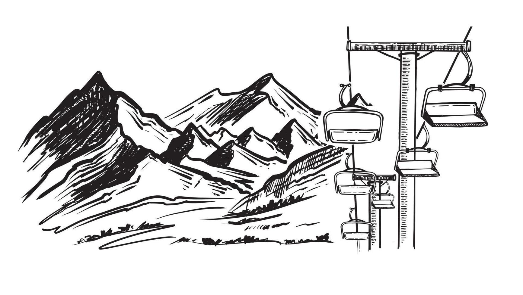 Landscape mountains. Sketch of ski resort. Hand drawn illustration vector