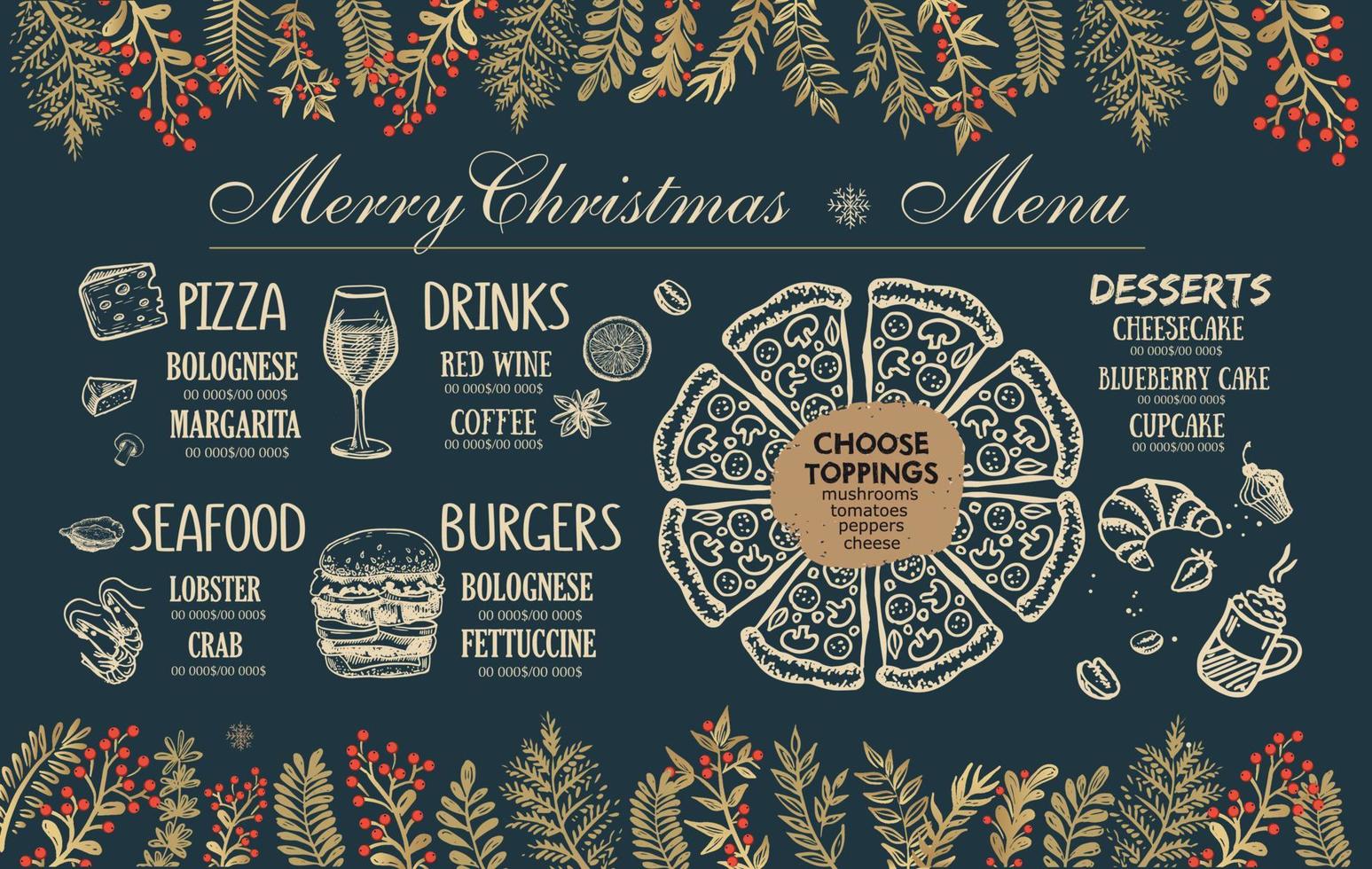 Christmas menu cafe. Food flyer. Restaurant menu. Template design. vector