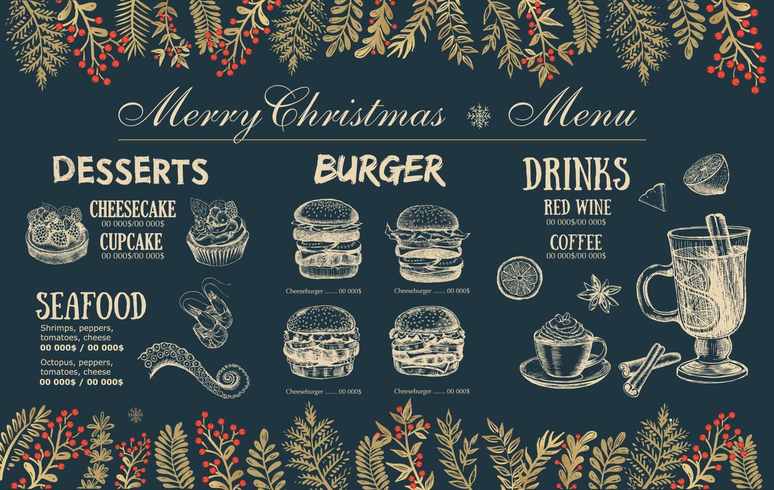 Christmas menu cafe. Food flyer. Restaurant menu. Template design. vector