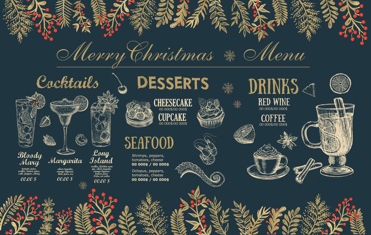 Christmas menu cafe. Food flyer. Restaurant menu. Template design. vector