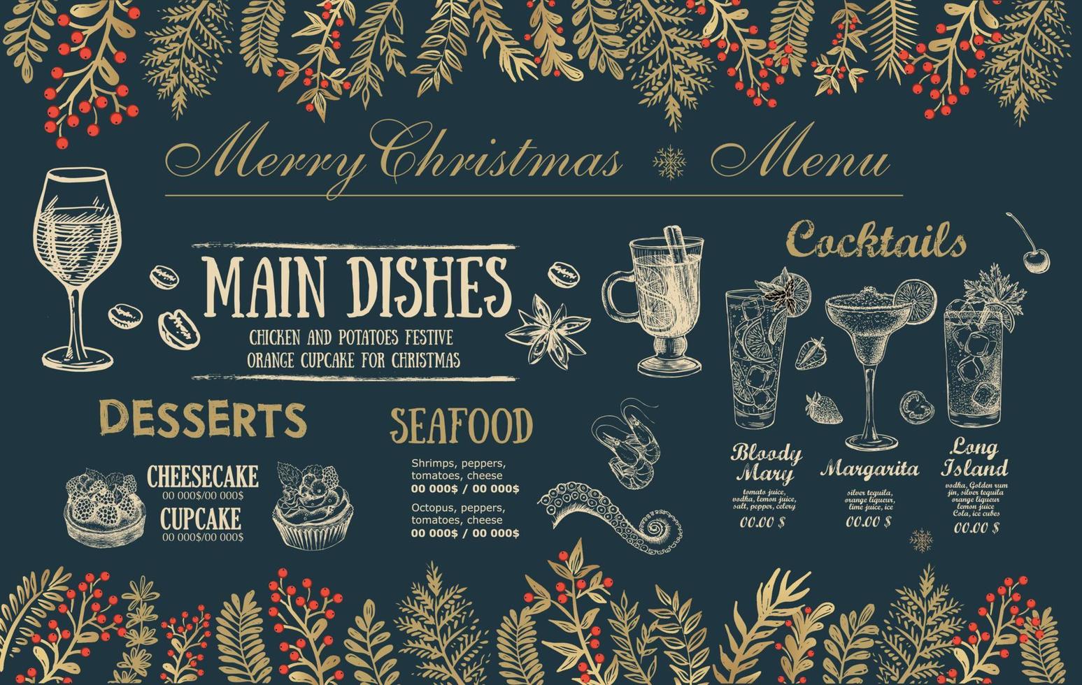 Christmas menu cafe. Food flyer. Restaurant menu. Template design. vector