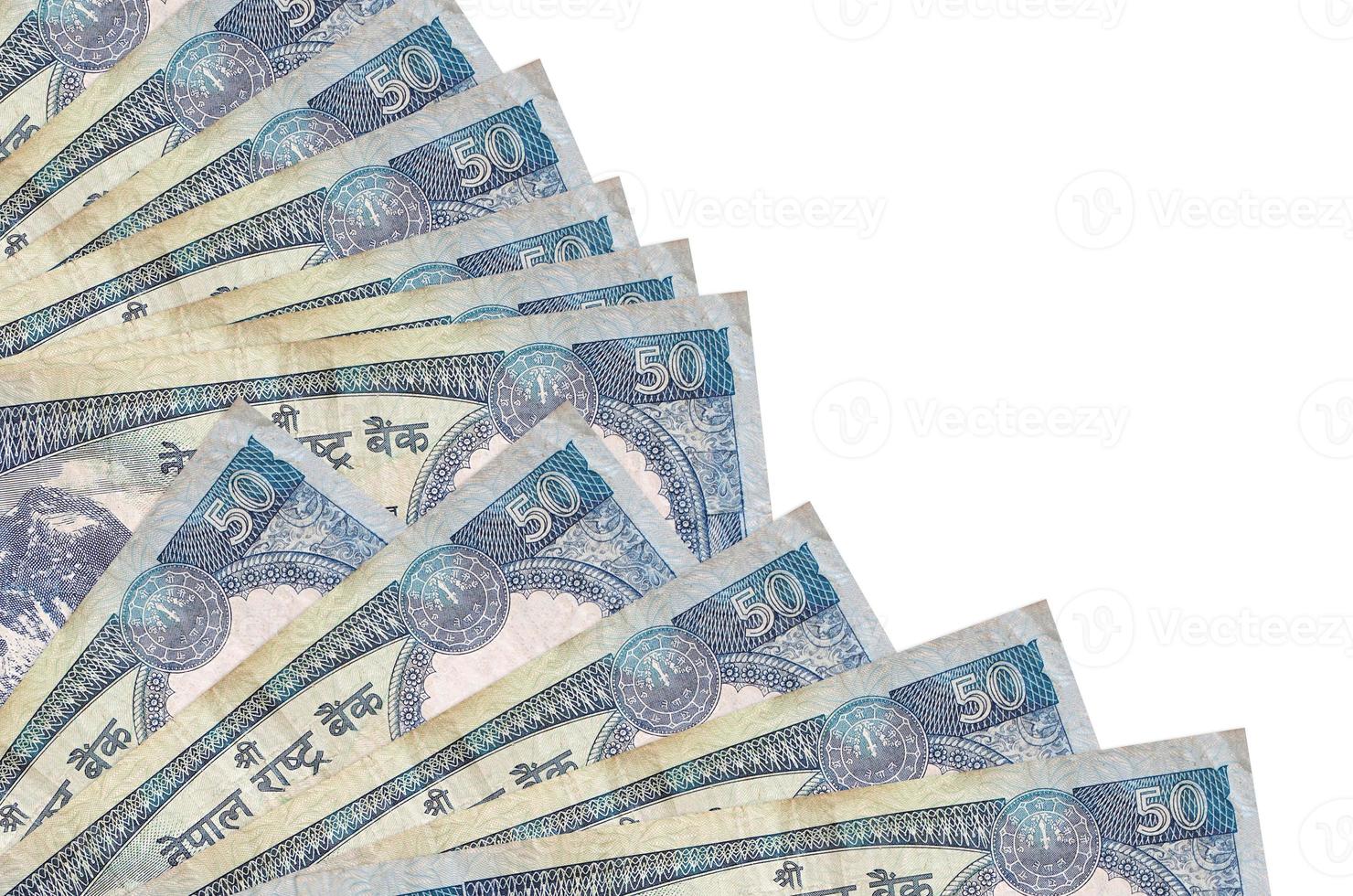 50 Nepalese rupees bills lies isolated on white background with copy space stacked in fan close up photo