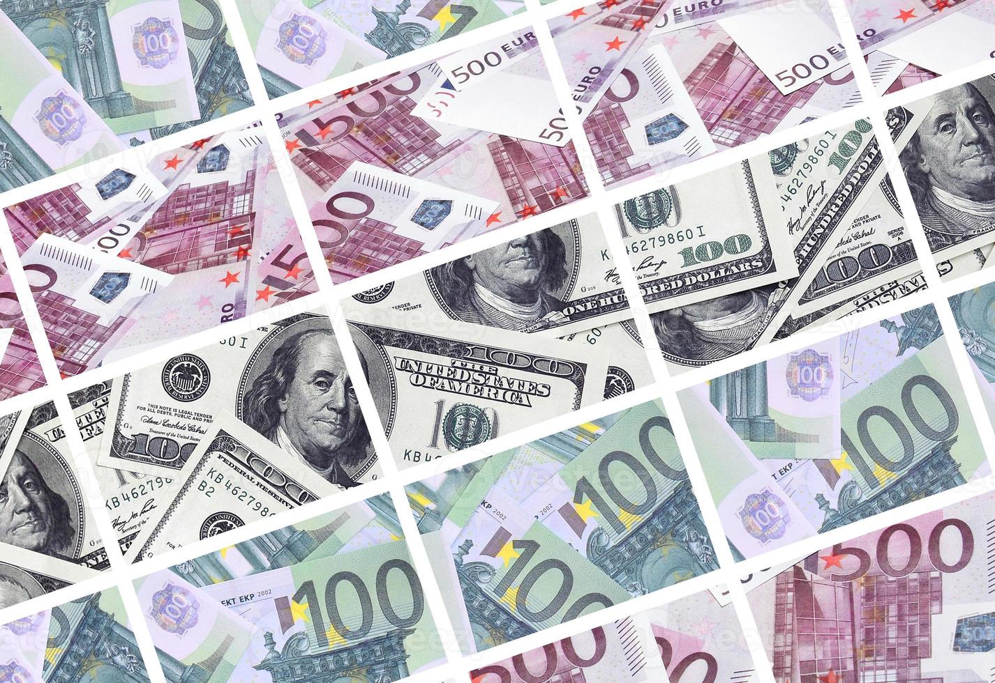 A collage of many images of euro banknotes in denominations of 100 and 500 euros lying in the heap photo