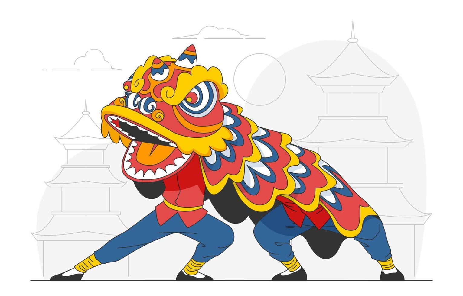 Two Young Man Performing a Lion Dance in Chinese New Year Celebration vector