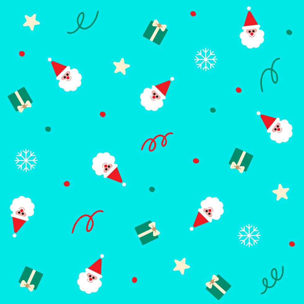 lindo feliz navidad santa claus sombrero copo de nieve caja de regalo presente confeti elemento ditsy brillo pequeño lunares primavera línea memphis resumen colorido azul transparente patrón de fondo para la fiesta de navidad vector