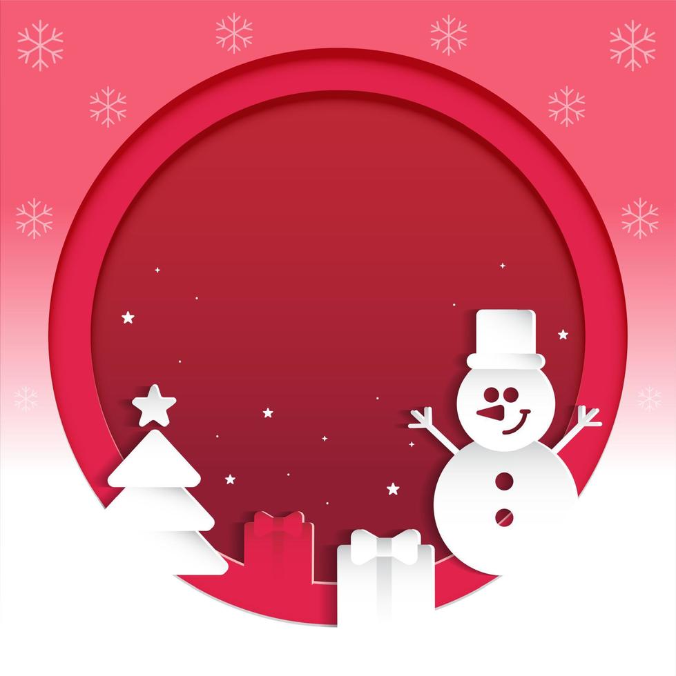 Cute Merry Christmas Happy New Year Paper Card Christmas Tree Snowman Snowflake Gift Box Present Star Decorative Square Post Card Poster Banner Gradient Red Background Copy Space Template Frame vector