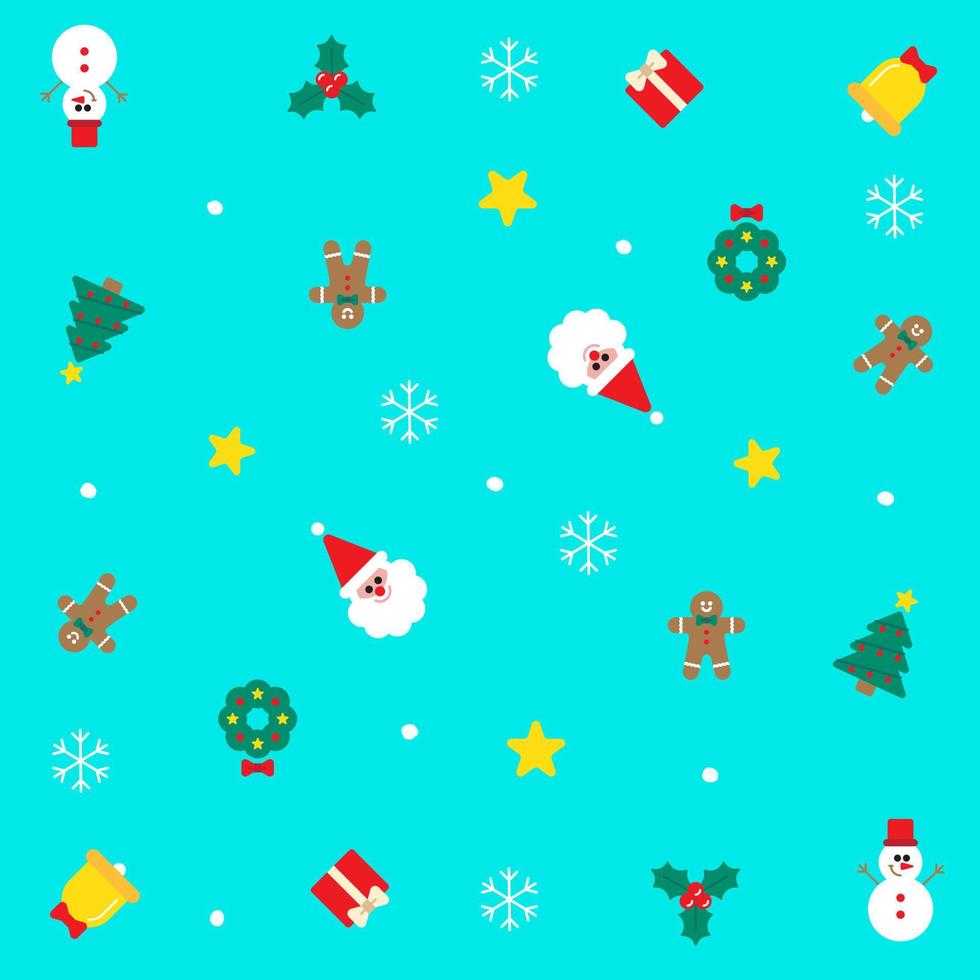 Cute Merry Christmas Santa Claus Holly Present Gift Box Snowflake Gingerbread Man Snowman Bell Confetti Element Ditsy Memphis Abstract Colorful Blue Seamless Pattern Background for Christmas Party vector