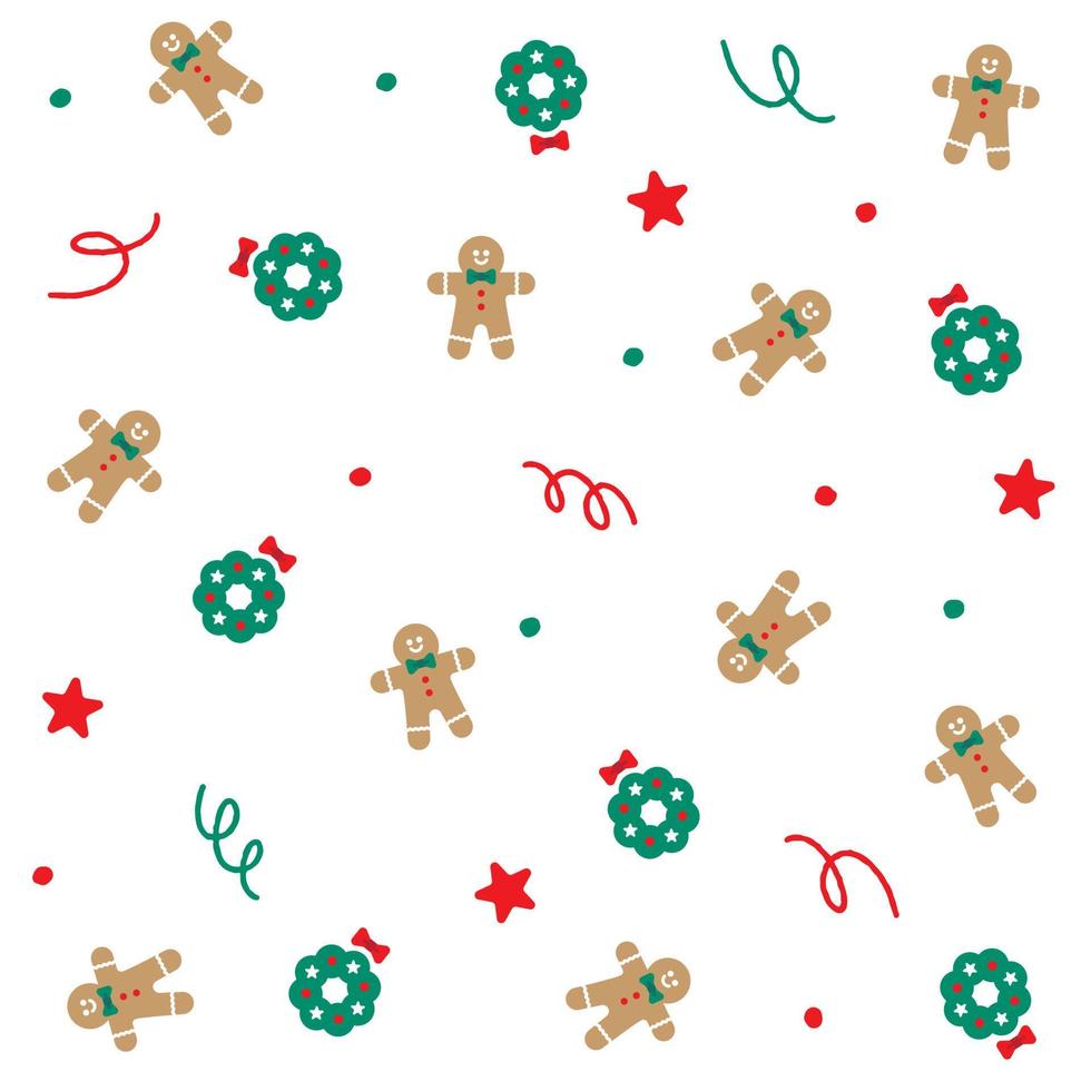 Cute Merry Christmas Wreath Gingerbread Man Star Confetti Element Ditsy Sprinkle Shine Small Polkadot Spring Line Abstract Colorful Pastel Red Green Seamless Pattern Background for Christmas Party vector
