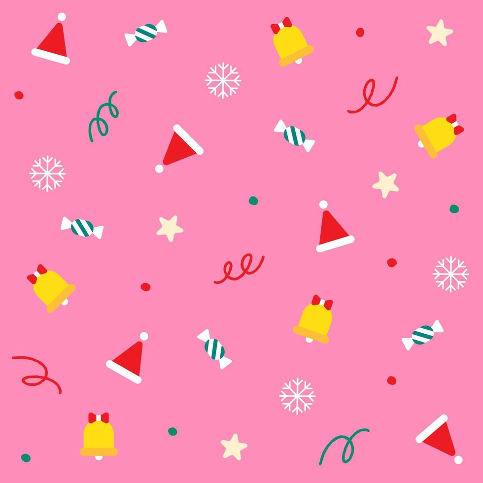 Cute Merry Christmas Star Snowflake Christmas Hat Candy Bell Confetti Element Ditsy Shine Small Polkadot dot Spring Line Memphis Abstract Colorful Pink Seamless Pattern Background for Christmas Party vector