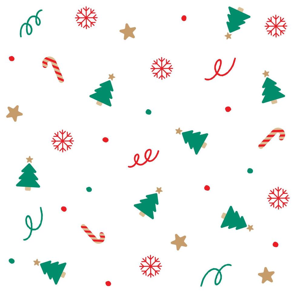 Cute Merry Christmas Star Snowflake Christmas Tree Candy Cane Confetti Element Ditsy Shine Small Polkadot dot Spring Line Abstract Colorful Red Green Seamless Pattern Background for Christmas Party vector