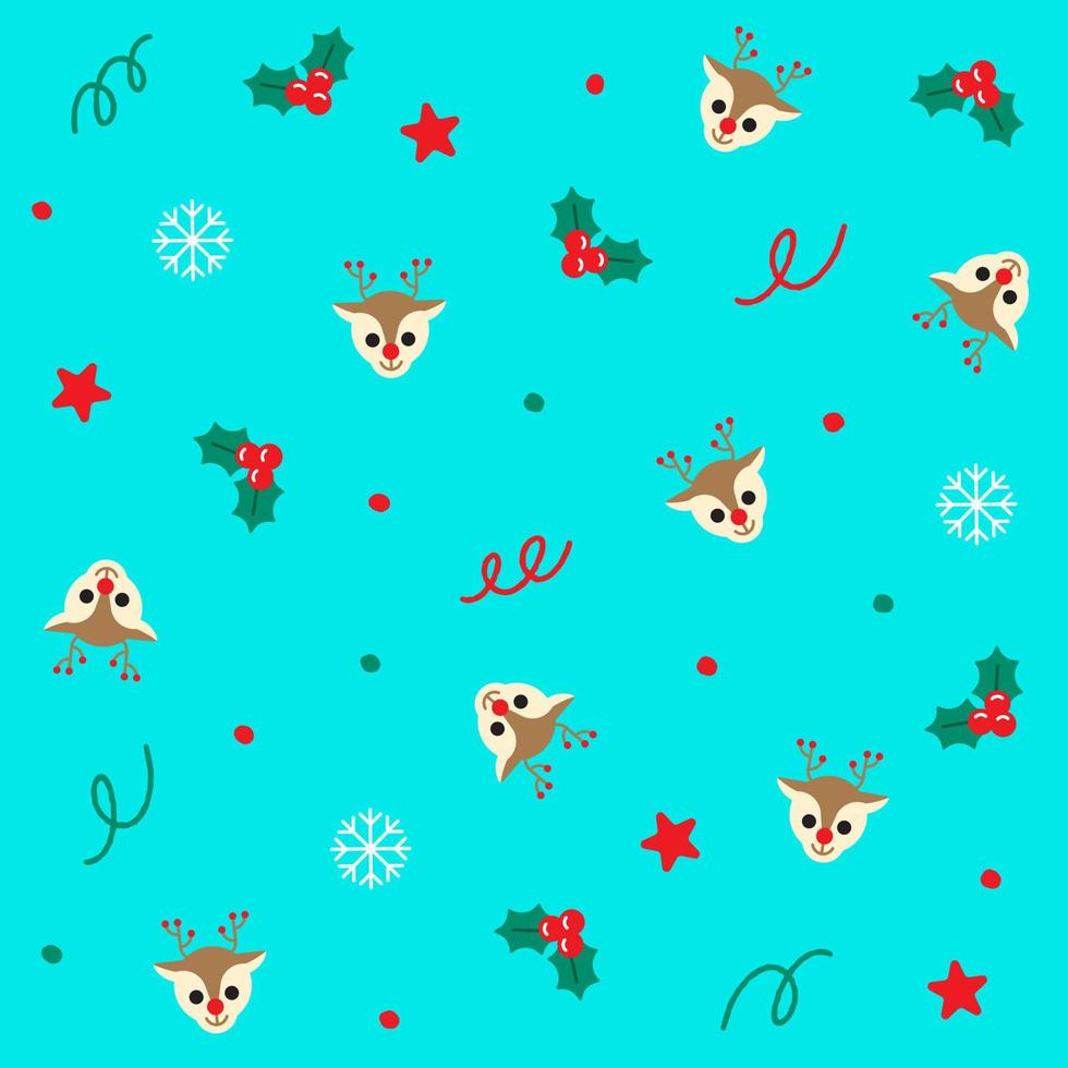 Cute Merry Christmas Rudolph Reindeer Snowflake Holly Mistletoe Star Confetti Element Ditsy Shine Polkadot Spring Line Memphis Abstract Colorful Blue Seamless Pattern Background for Christmas Party vector