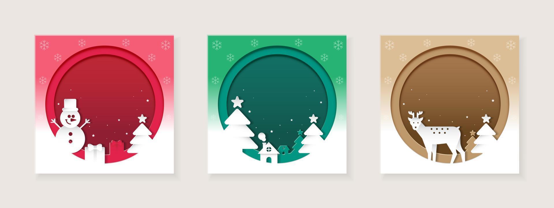 conjunto de feliz navidad feliz año nuevo tarjeta de papel árbol de navidad casa chimenea humo muñeco de nieve caja de regalo presente reno estrella decorativo cuadrado cartel banner rojo verde marrón bg copia espacio plantilla marco vector