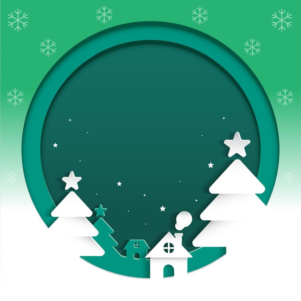Cute Merry Christmas Happy New Year Paper Card Christmas Tree Snowflake House Cottage Chimney Smoke Star Decorative Square Post Card Poster Banner Gradient Green Background Copy Space Template Frame vector