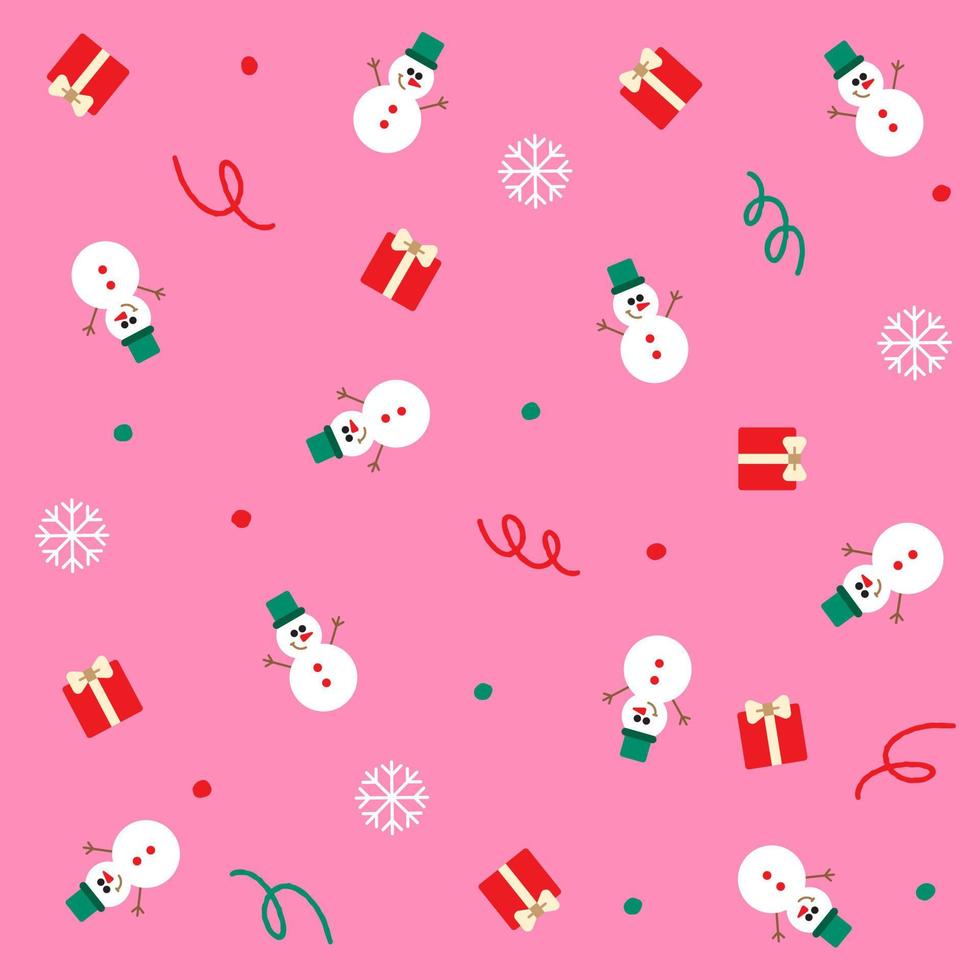 Cute Merry Christmas Snowman Hat Snowflake Gift Box Present Confetti Element Ditsy Shine Small Polkadot Spring Line Memphis Abstract Colorful Pink Seamless Pattern Background for Christmas Party vector