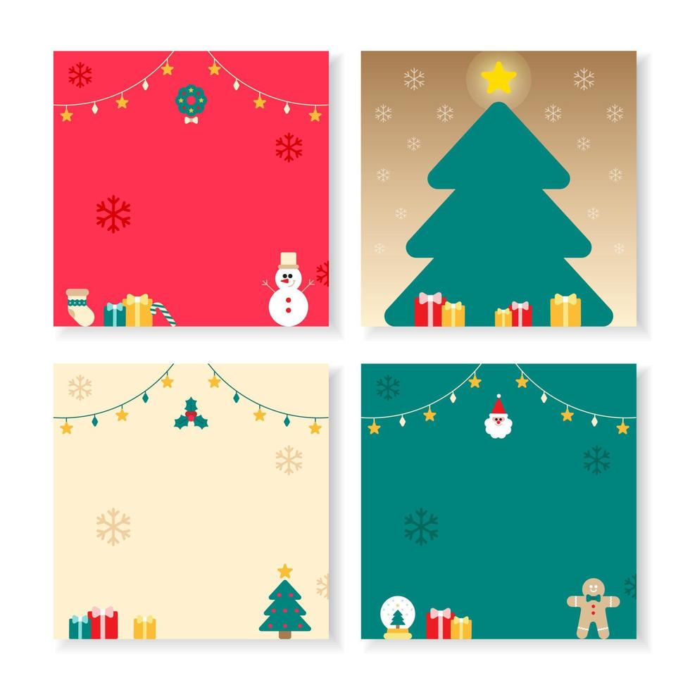 conjunto de lindo feliz navidad muñeco de nieve bastón de caramelo árbol de navidad calcetín regalo presente corona hombre de pan de jengibre copo de nieve estrella luz cuadrado post tarjeta de felicitación cartel banner fondo copia espacio plantilla marco vector