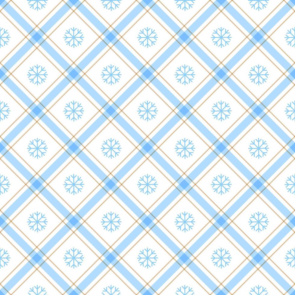 Cute Merry Christmas Winter Snow Snowflake Blue Frost Frosty Line Diagonal Stripe Striped Line Tilt Checkered Plaid Tartan Buffalo Scott Gingham Background Seamless Pattern for Christmas Festival vector
