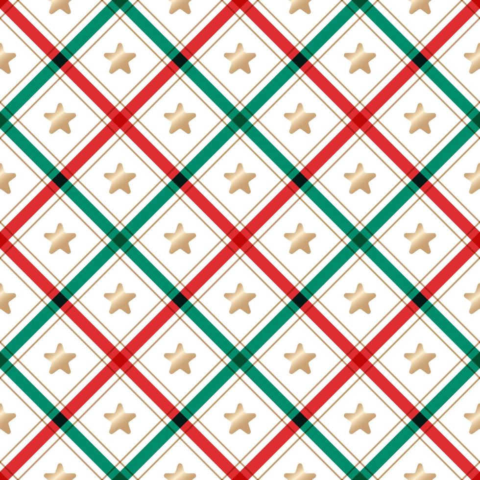 Cute Merry Christmas Star Red Green Christmas Tree Make A Wish Line Diagonal Stripe Striped Line Tilt Checkered Plaid Tartan Buffalo Scott Gingham Background Seamless Pattern for Christmas Festival vector