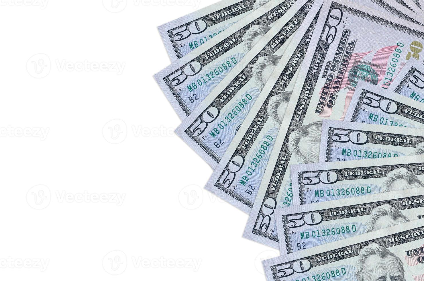 50 US dollars bills lies isolated on white background with copy space. Rich life conceptual background photo