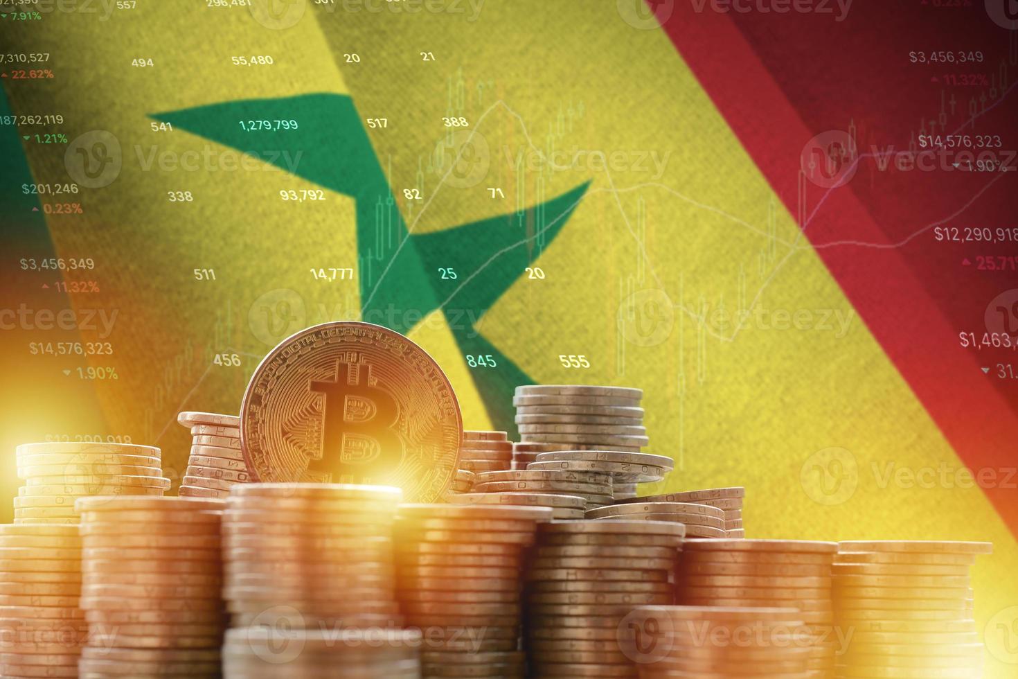 Senegal flag and big amount of golden bitcoin coins and trading platform chart. Crypto currency photo