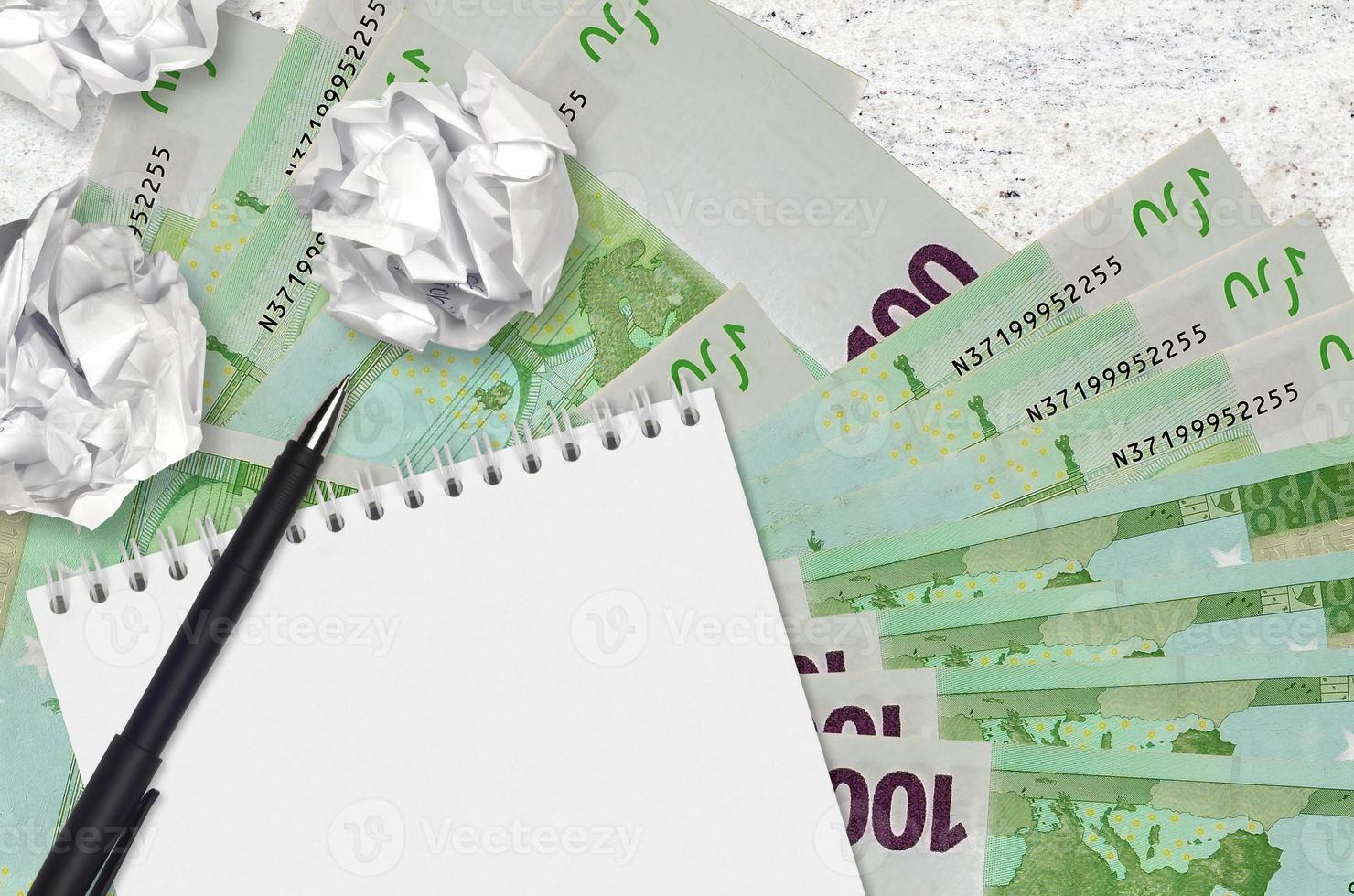 100 Euro bills and balls of crumpled paper with blank notepad. Bad ideas or less of inspiration concept. Searching ideas for investment photo