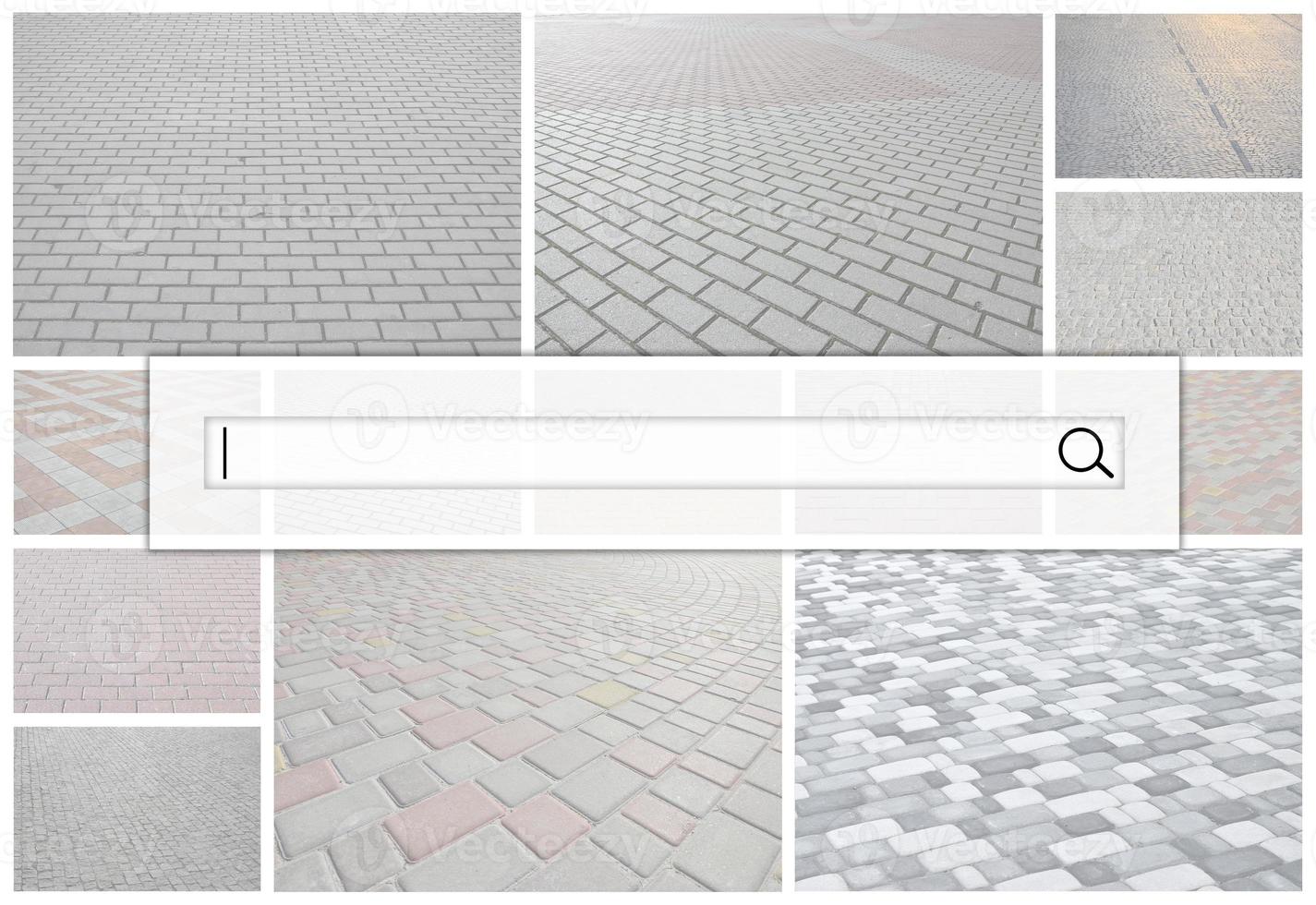 Visualization of the search bar on the background of a collage of many pictures with fragments of paving tiles close-up. Set of images with pavement stone photo